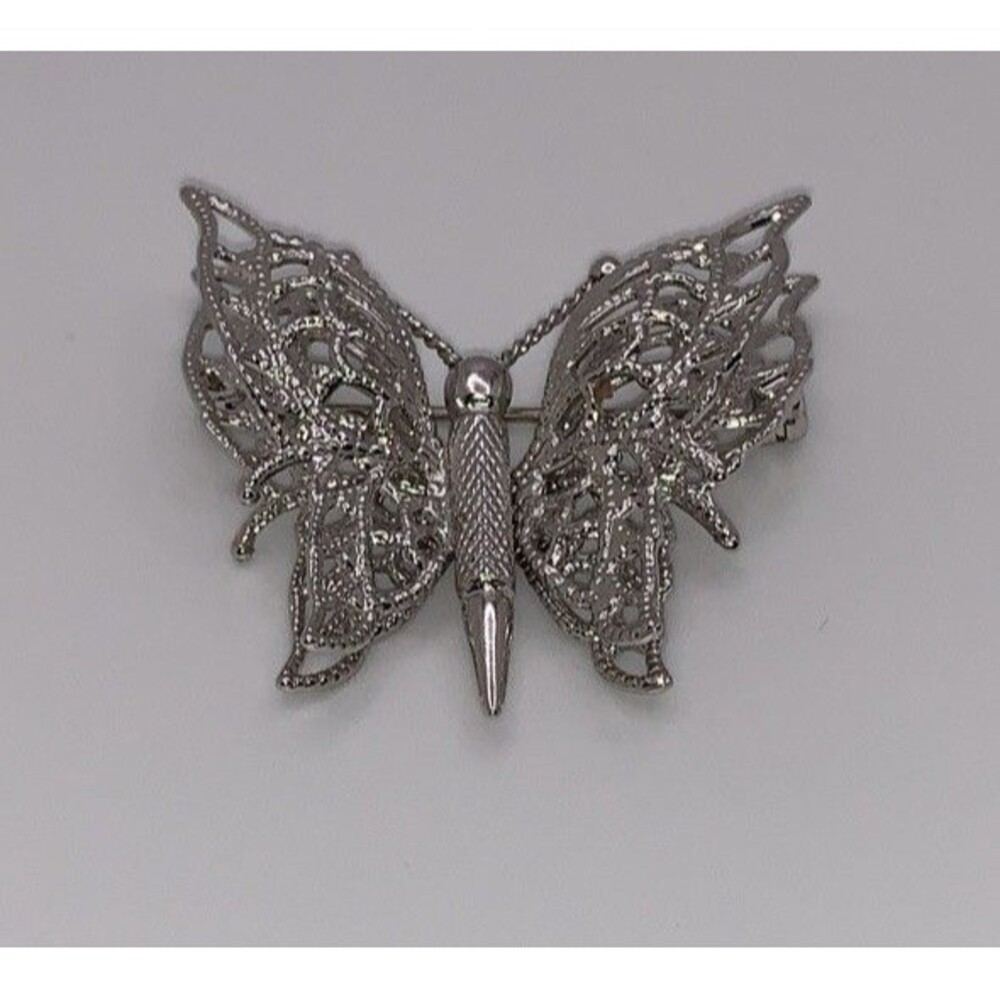 Vintage Monet Butterfly Brooch Silver Tone Filigree Pin Signed